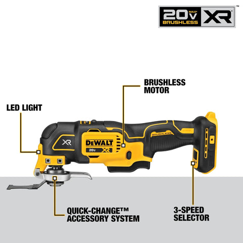 No Sweat Nine Piece Brushless Cordless Power Tool Kit With 20 Volt Batteries Fast Charger Oscillating tool with LED light and quick-change system.