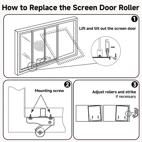 How to replace steel sliding screen door rollers with instructions for mounting screws and adjustments, using Pack Of Four Steel Sliding Screen Door Rollers Replacement Kit For Patio And Garage Doors Quick Swap Gliding Wheels That Roll Smooth And Tackle Heavy Duty Repairs With Zero Sweat Fits Most Tracks.