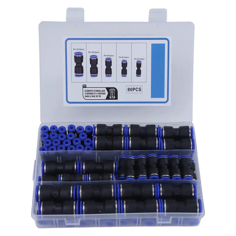 80 Piece Quick Connect Straight Push Fittings Kit For Pneumatic Hose And Air Water Pipe Adapter Assortment In Sizes From 5/32 To 1/2 Inch For PU PA PE PVC Nylon Tubing High Pressure Rating Tool Free Connection, open case
