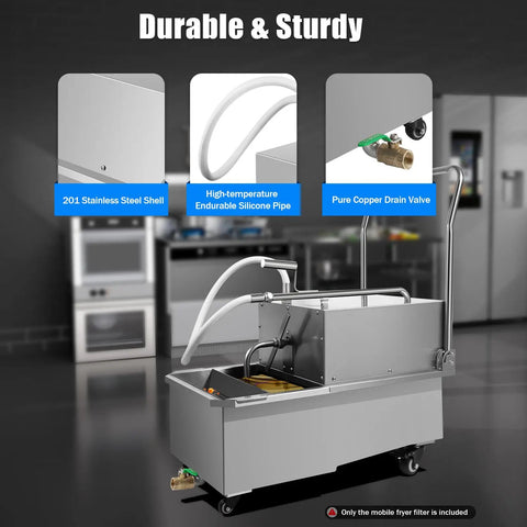 TuiLesoung 550W Fryer Filter Machine For 14.5 Gallon Tanks showing 201 stainless steel shell and copper drain valve in kitchen.