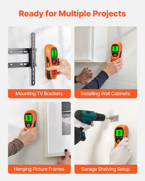 No More Blind Swinging Drill Holes 5in1 Stud Finder Wall Scanner used in various home projects like mounting TV brackets and installing cabinets.
