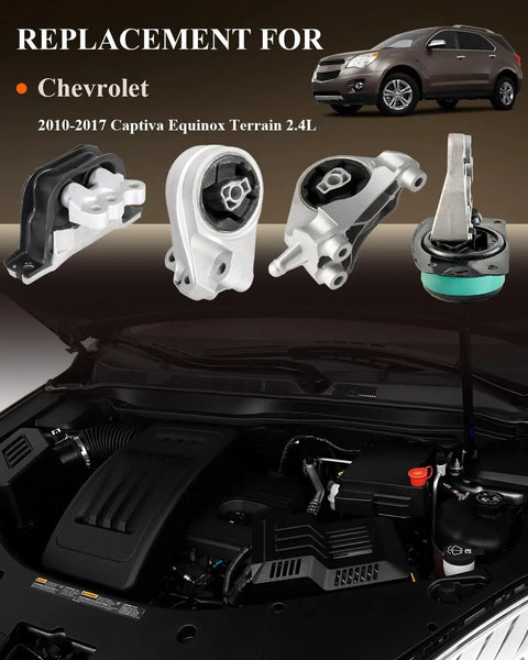 Beefed Up Engine And Transmission Mount Kit For 2010 2011 Through 2017 Captiva Equinox Terrain 2 4L engine mounts under hood view.