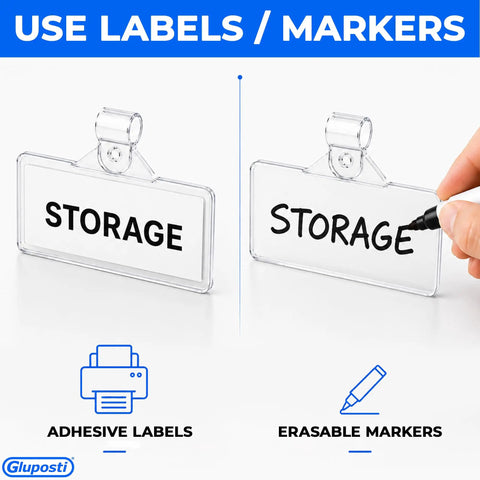 Keep Your Pantry Looking Crisp With These Ridiculously Sweet Clear Wire Shelf Label Holders For Home Organization And Retail Displays Featuring Reusable Clip On Pockets For Adhesive Tags Measuring 3 By 1.25 Inches Tall showing clear label holders with printed and hand-written 'STORAGE'.