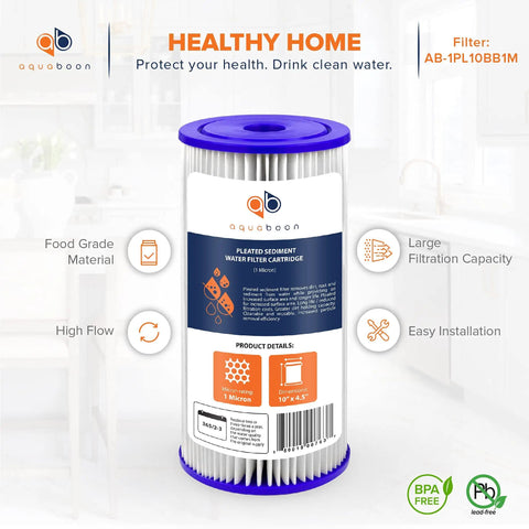 1 Micron Pleated Water Filter For Whole House Sediment Filtration 10 By 4 Point 5 Inch Replacement For Well Water Keeps Sand Dirt Rust Out Without Reducing Flow High Flow Performance Fits FXHSC And R50 BBSA 2 Pack shown in packaging with product details.