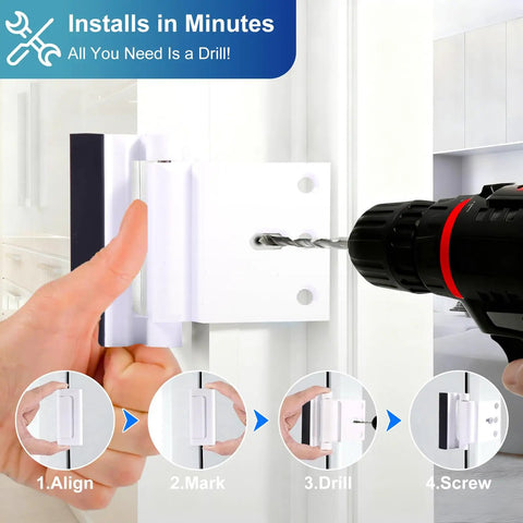2-Pack Heavy-Duty Door Security Lock and Childproof Reinforcement Latch Hella Tough with 800 Lbs Force Rating for Kick-Proof Entry Protection Includes Hardware for Easy Install in White, showing installation steps.