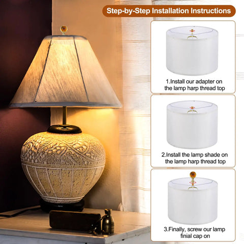 Illustration of Crystal Ball Lamp Finial Cap 1/4-27 Thread Gold Tone Metal Decor For Lampshade Harp Top Knob Nut in installation steps.