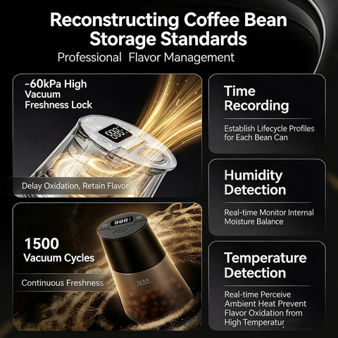 Smart Vacuum Sealed Coffee Canister With Digital Display And Humidity Monitor, 650Ml Airtight Food Storage Jar features time and humidity detection.