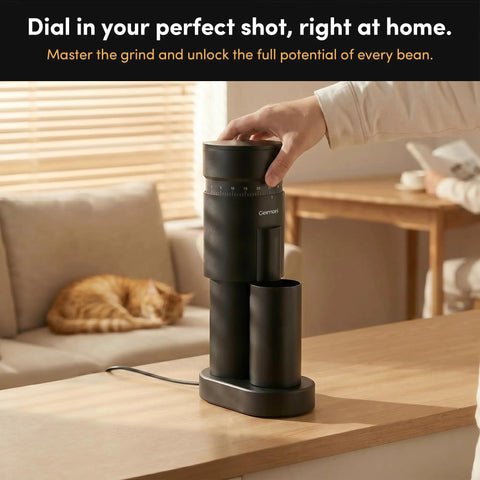 Premium Conical Burr Electric Coffee Grinder With Stepless Adjustment For Smooth Espresso Or Pour Over Brews on kitchen counter.