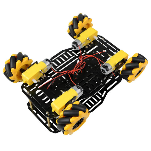 Mecanum wheel robotics kit with black and yellow aluminum chassis, featuring four omnidirectional wheels and TT motors for DIY projects.