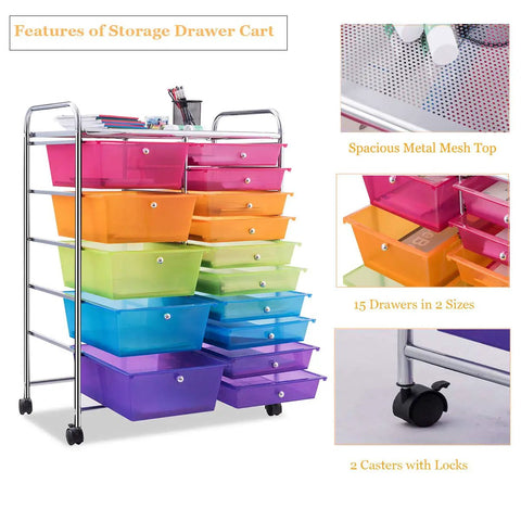 Versatile Rolling Storage Cart With 15 Drawers For Keeping Your Home Office Spotless And Fast Gear Swaps During Any Daily Grind Or Weekend Maker Project, featuring colorful drawers and metal top.