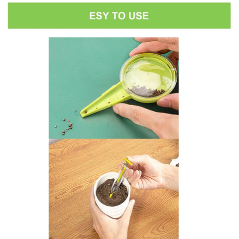 Hand using Eight Pack Seed Dispenser Set For Easy Planting with durable plastic to sow seeds in soil, handheld sower and planter kit.