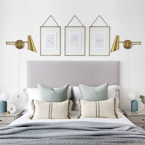 Bedroom with plug in wall sconce set of 2 with brass swing arm lights, adjustable swivel, modern iron brushed brass finish