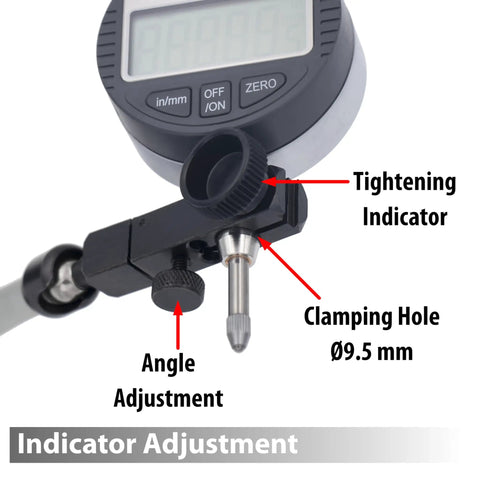 Straight Shooter Heavy Duty Magnetic Base Digital Dial Indicator Gauge showing clamping hole and adjustment features.