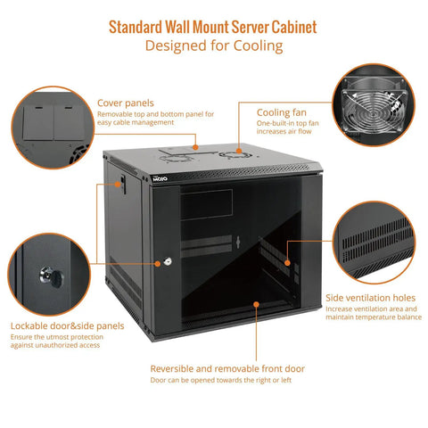 Nine U Wall Mount Server Cabinet With Lockable Tempered Glass Door And Side Panels Hella Secure Steel Build Knockout Design No Drama Setup For 19 Inch Network Racks Audio Gear Black with removable panels and cooling fan.