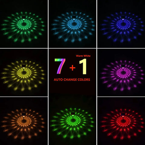 Different color modes of Outdoor Solar Lights For Garden And Pathway Set Of 6, Auto RGB Color Changing And Warm White Glass Landscape