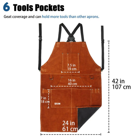 Leather Welding Apron With 6 Pockets, Heat And Flame Resistant Heavy Duty Cowhide Shield, 24 x 42 Inches Full Coverage displayed