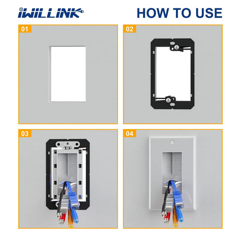 Two Pack Single Gang Brush Wall Plate With Sturdy Low Voltage Mounting Bracket Crisp White Facade showing installation steps.