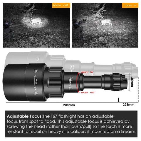 Beefed Up 940nm IR Night Vision Illuminator Flashlight with zoom and adjustable focus, diagram showing dimensions