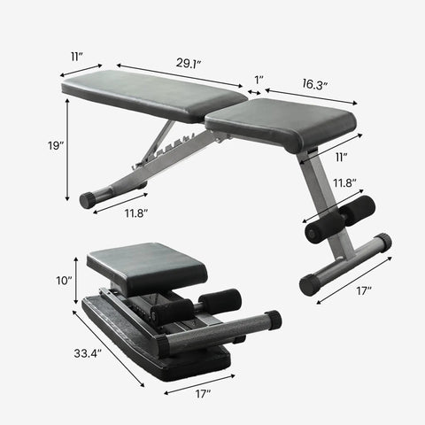 Versatile 5 In 1 Adjustable Weight Bench For Home Gym With Foldable Design And 800 Pound Capacity dimensions view