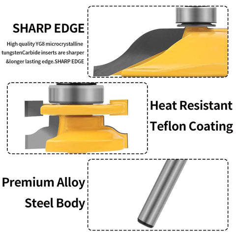 Pro Grade Raised Panel Router Bit Set Three Piece One Quarter Inch Shank Tongue And Groove Cabinet Door Router Bits For Woodworking Pros And DIYers Perfect For Door And Window Joinery Tenon Cutter Diameter One And Five Eighths Inch close-up showing sharp edge and heat resistant teflon coating features
