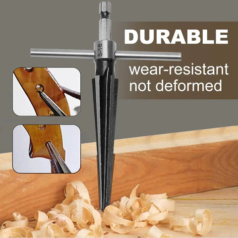 Hand Reamer Set For Guitar And Woodworking Tapered Reamers 3-13mm And 5-16mm tool in use on guitar bridge and wood shavings