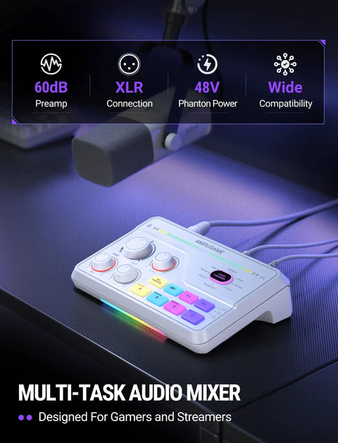 Gaming Audio Mixer With 7 Point 1 Surround Sound, Volume Knob And Mute For Crisp Voice Chat, RGB USB Computer Mixer on desk