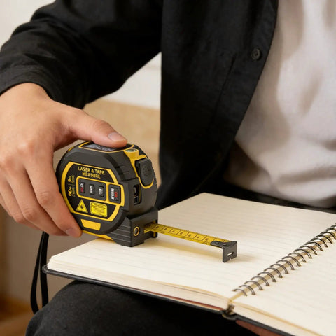 3 In 1 Laser Tape Measure With Digital Readout And LCD Display For Fast One Person Measurements At Home And On Job Sites Up To 197 Feet With Bright Sun Visible Laser And Simple One Handed Use, handheld on notebook