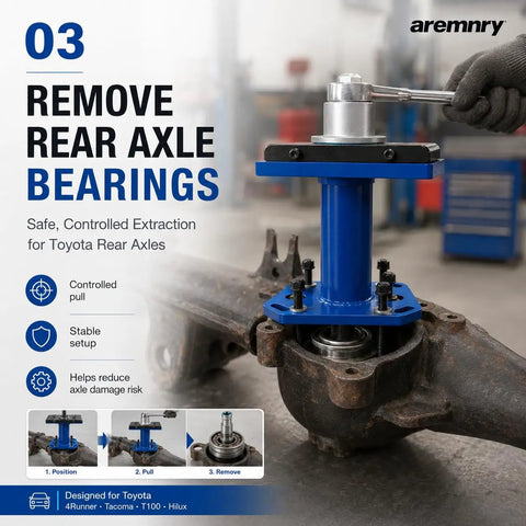 Pro Grade Wheel Bearing Removal Tool Rear Axle Puller Installer Kit With Abs Tone Ring Fits 1995 2020 Toyota Tacoma Tundra 4Runner Hilux 100mm To 140mm 4 Bolt Circle Blue Beast Mode Garage To Knock Out Jobs Fast No Stress At All in use removing rear axle bearings