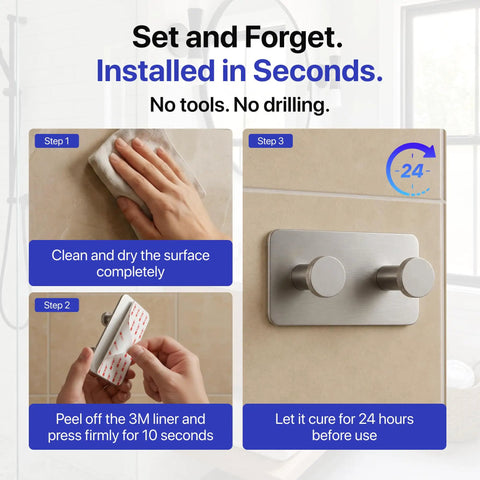 Installation steps for Heavy Duty Double Adhesive Wall Hooks Peel and Stick Towel Hook satin finish, no drilling required.