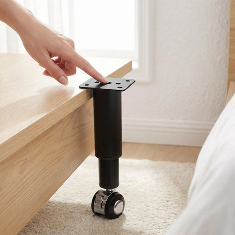 A person adjusting the Beefy Adjustable Furniture Legs With Caster 2 Pack For Desk And Office Tables Replacement Feet Leveling Support.