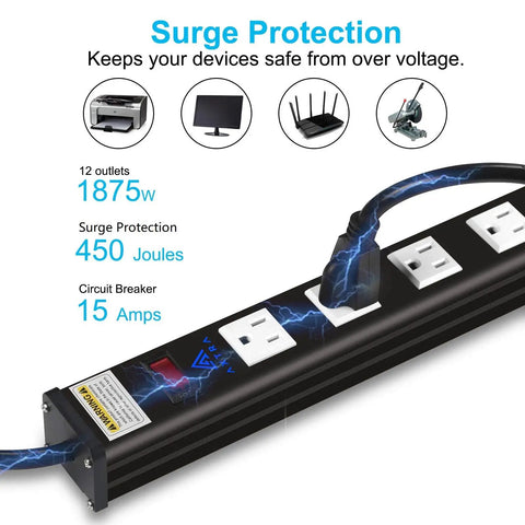 Heavy Duty 12-Outlet Surge Protector Power Strip With 9 Foot Cord 450 Joules 15 Amp Circuit Breaker for home office