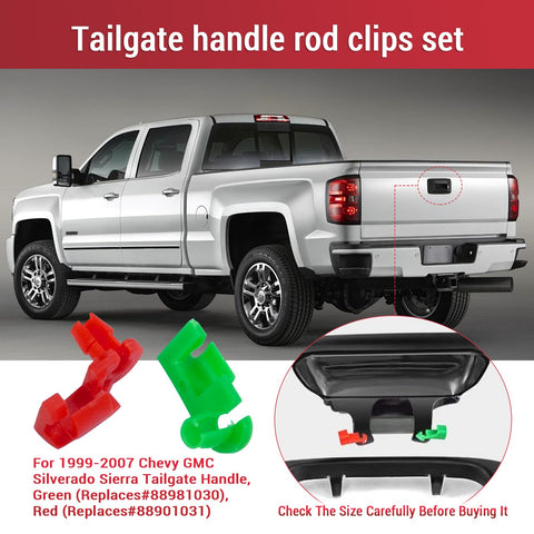 Tailgate handle rod clips set for 1999-2007 Chevy GMC Silverado Sierra, red and green clips, highlighted on truck tailgate.