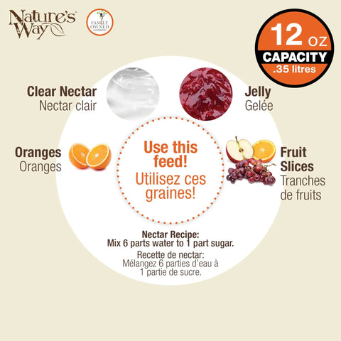 Nature's Way Oriole feeder nectar and jelly options with oranges and fruit slices, 12 oz capacity, bilingual text.