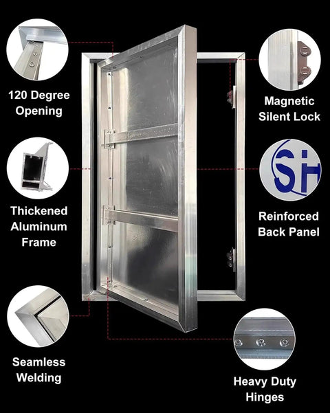 Magnetic Concealed Access Panel For Tile Walls With Snappy Push Button Release Seamless Flush Mount Cover featuring thickened aluminum frame and reinforced back.