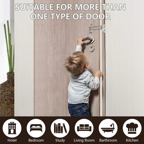 Child reaching for a door latch installed on a wooden door, highlighting the Bulletproof 4 Pack Swing Bar Door Guard, Heavy Duty Zinc Alloy Security Latch For Apartments And Rental Units, Satin Nickel Privacy Reinforcement Lock For Easy Side Mount.