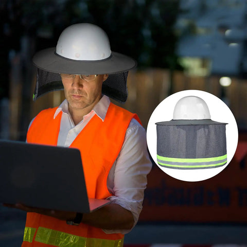 Man wearing Two Piece Hard Hat Sun Shade With Full Brim Visor And Mesh Neck Gaiter High Visibility Reflective Bandana Face Scarf For Construction Helmets Grey On Job Sites at night.