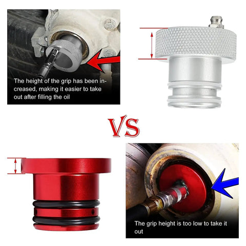 Comparison of two wheel greaser adapters showcasing grip height differences for Essential Two Piece Wheel Bearing Greaser Tool Kit Featuring 30mm And 39mm Drive Adapters For UTV ATV Rig Maintenance No Sweat Setup Heavy Duty Garage Staple Pro Shop Quality.