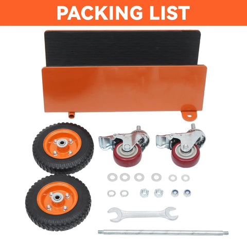 Packing list with heavy duty panel dolly cart parts including wheels, hardware, and a wrench for assembly.