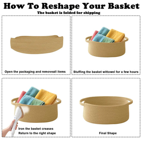 How to reshape a Chic White Woven Rope Basket For Babies by stuffing and ironing for optimal shape.