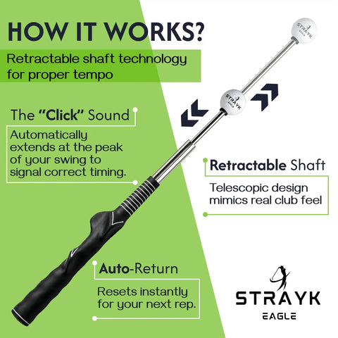 Image of a retractable golf swing trainer with telescopic design and instructions highlighting feedback and tempo on green background.
