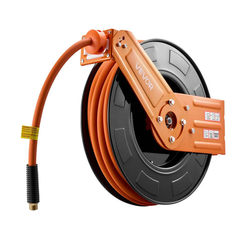 Professional Grade Retractable Air Hose Reel Half Inch By Fifty Feet Solid Rubber Compressor Line showcasing orange hose reel and fittings.