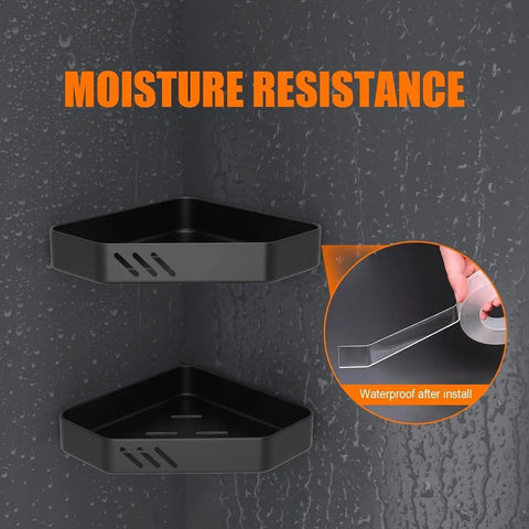 Heavy Duty Double Sided Adhesive Tape Roll With Super Grippy Nano Gel Rock Solid Mounting Strips That Hold Like Crazy Zero Mess Clean Up For Walls And Carpets applied to moisture-resistant black corner shelves.