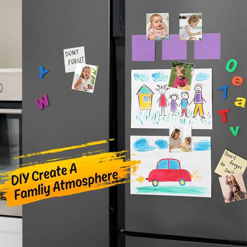 Fridge door displaying DIY Photo Fridge Magnet Supplies Kit, Square Magnetic Maker Set with photos and drawings