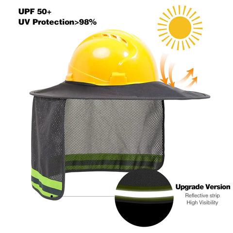 High Visibility Hard Hat Sun Shade Visor Neck Protector With Reflective Strip, Full Brim Outdoor Safety Shield, Grey