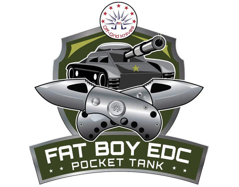 Fat Boy EDC Pocket Tank logo featuring two folding knives and a tank silhouette, showcasing durable outdoor gear.