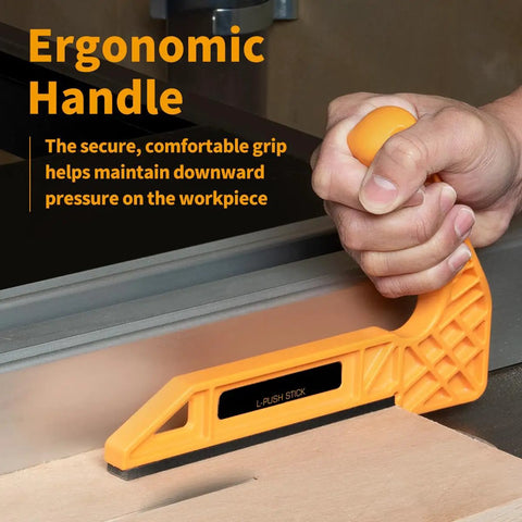 Close-up of deluxe push stick in use from Universal Featherboard Kit With Flex And Miter Lock System Plus Two Deluxe Push Sticks For Table Saws, Router Tables, Bandsaws, And Jointers