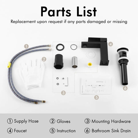 Parts list for Matte Black Single Hole Bathroom Faucet For Modern Vanity Stainless Steel Lead Free 18 8 NSF And cUPC Certified