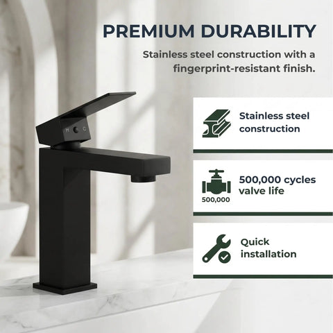 Go To Matte Black Bathroom Faucet With Smooth Single Handle And Included Pop Up Drain, showcasing stainless steel construction and quick installation.