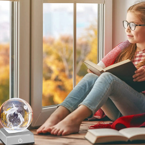 Turn Up Display Vibes With This Rounded Led Base Designed For 3D Laser Crystal Engravings Six Quick Color Cycling Modes And A Smooth Gliding Touch Switch That Hits Different, displayed beside a girl reading.