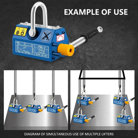 Top Shelf Steel Magnetic Lifter Featuring Killer N42 Neodymium Core, shown lifting metal plates using multiple units.